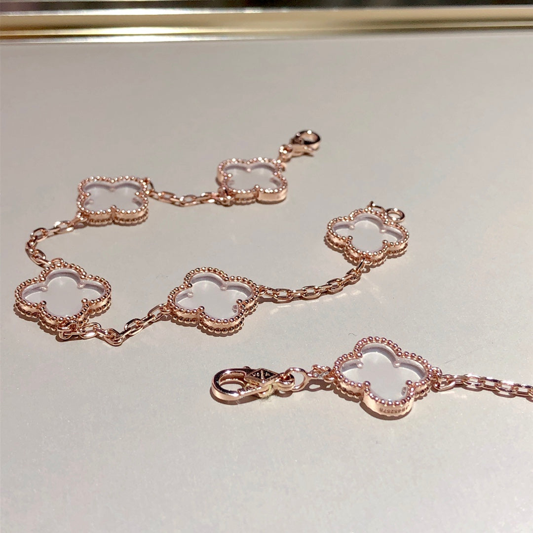[Angela Jewellery]CLOVER 5 MOTIF ROCK CRYSTAL PINK GOLD BRACELET