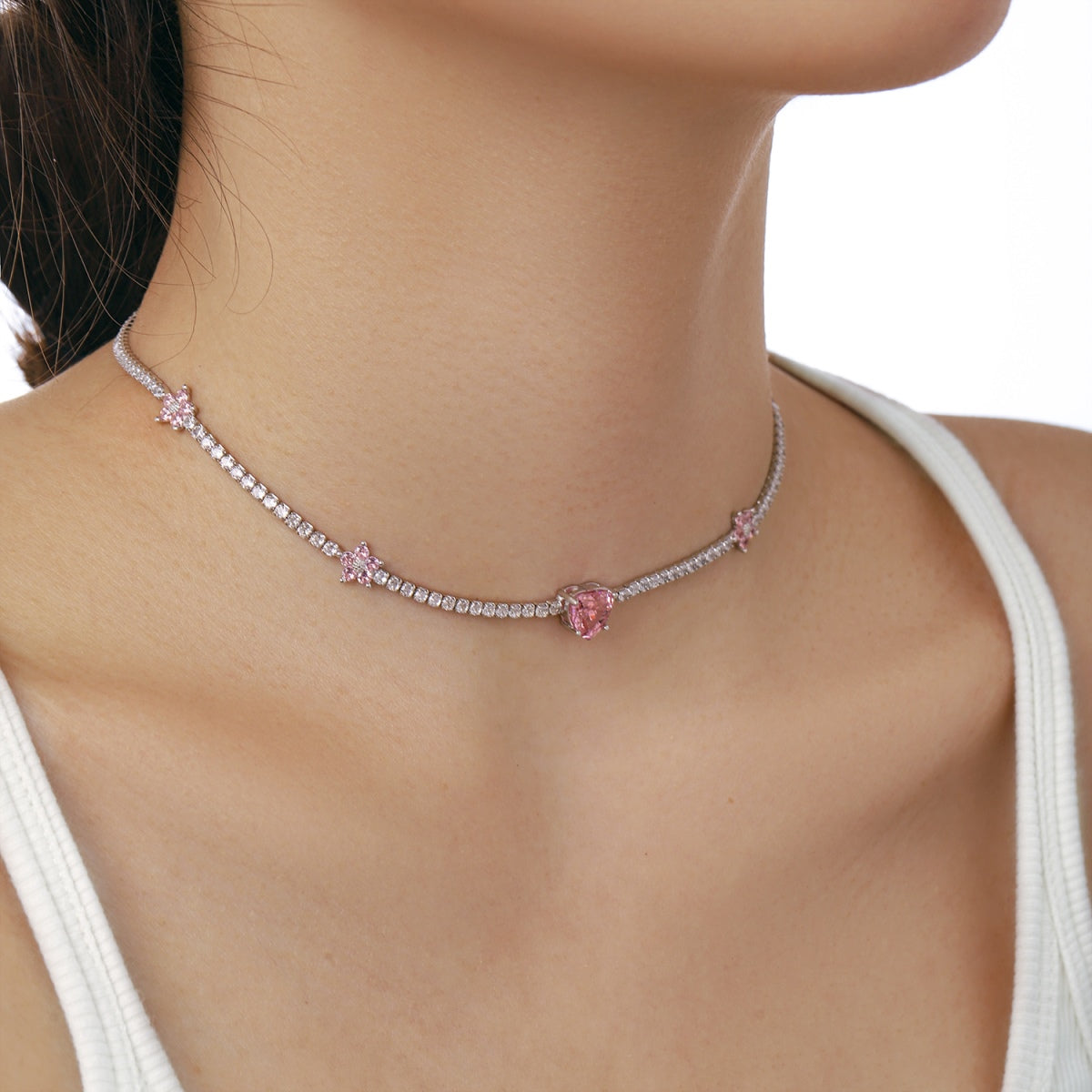 Angela Jewelry]Dazzling Pink Heart Flower Necklace