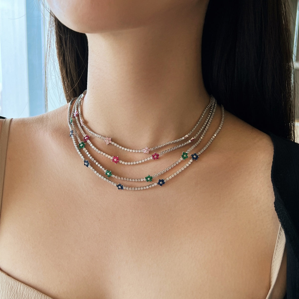 Angela Jewelry]Luxurious Colorful Flower Tennis Necklace