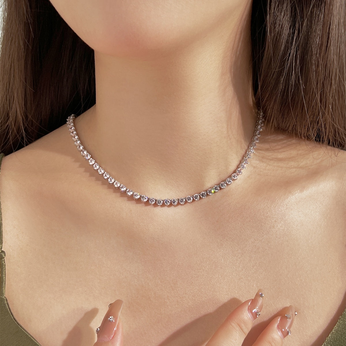 Angela Jewelry]Ornate Heart Cut Tennis Necklace