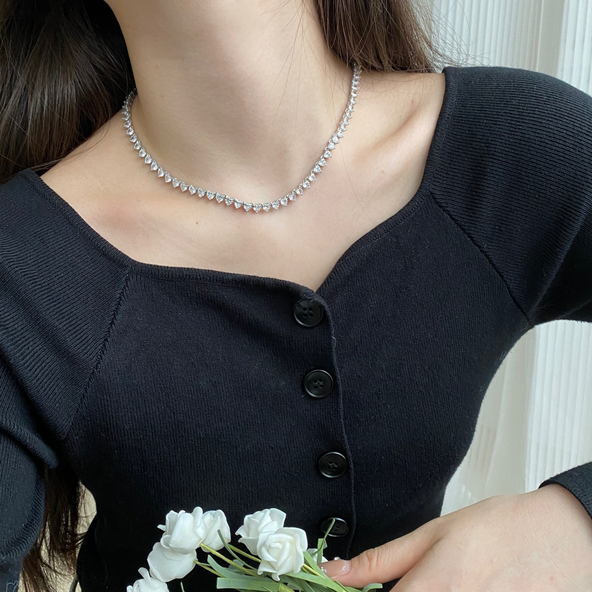 Angela Jewelry]Ornate Heart Cut Tennis Necklace