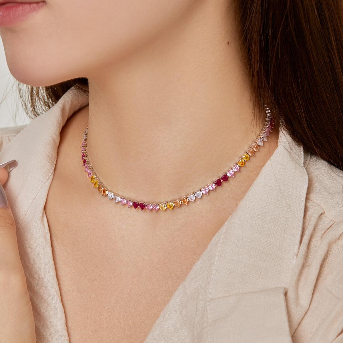 Angela Jewelry]Sparkling Colorful Full Heart Tennis Necklace