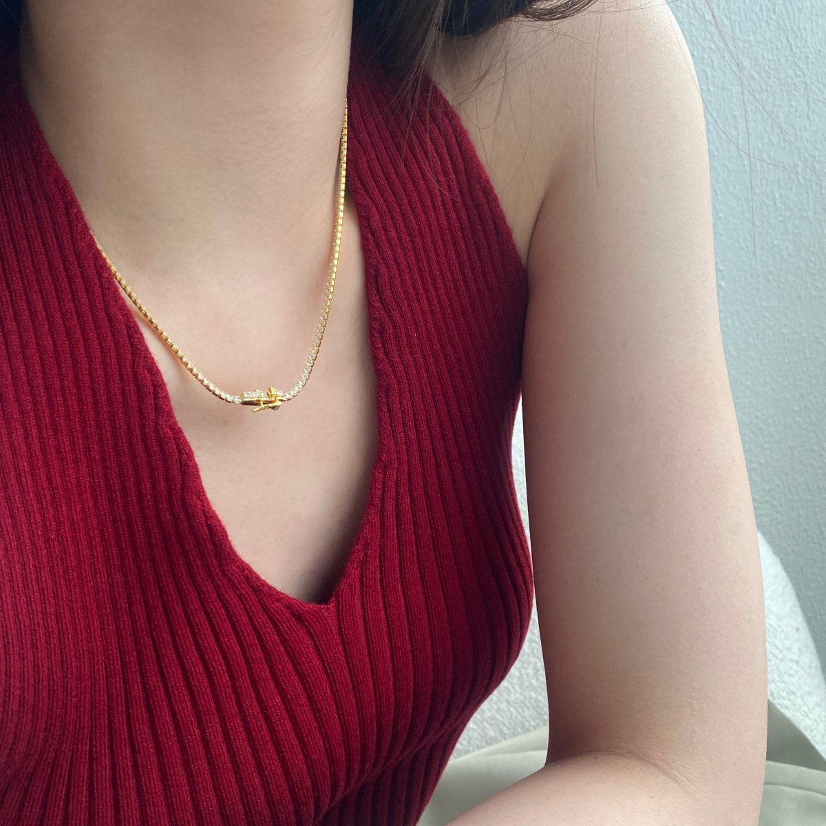 Angela Jewelry]Delicate Round Shape Tennis Necklace