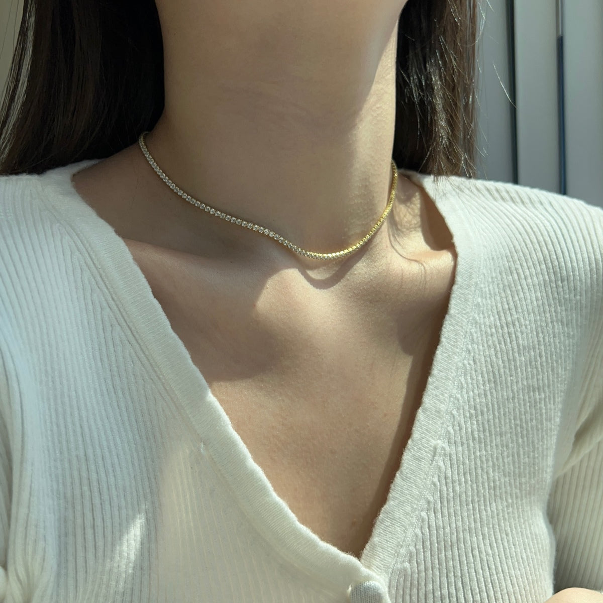 Angela Jewelry]Delicate Round Shape Tennis Necklace