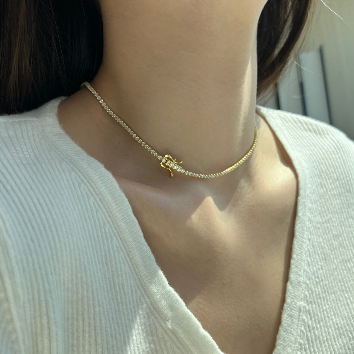 Angela Jewelry]Delicate Round Shape Tennis Necklace