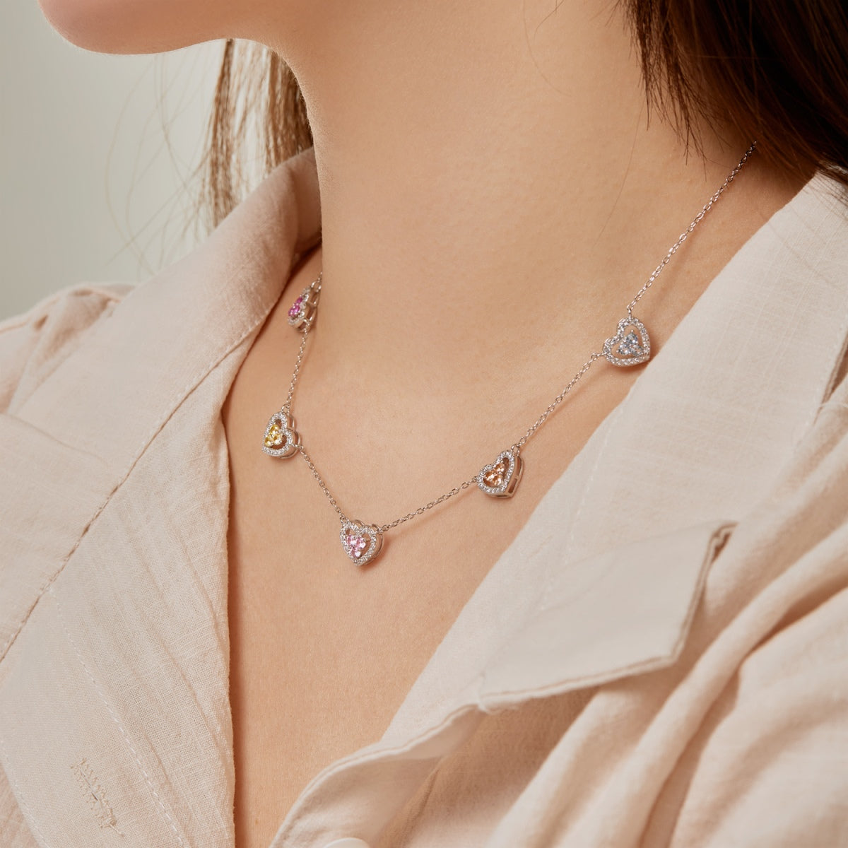 Angela Jewelry]Sparkling Five Heart Necklace