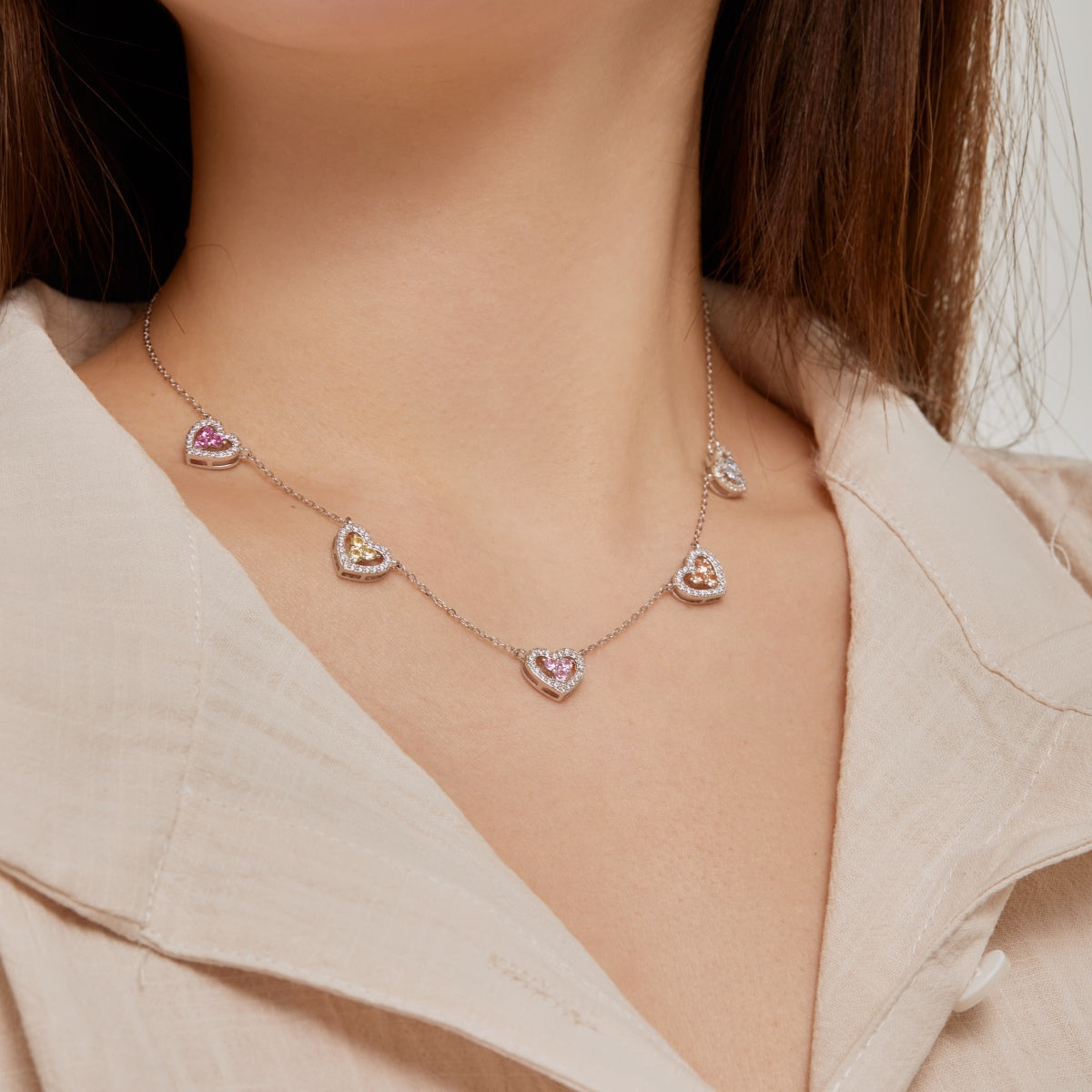 Angela Jewelry]Sparkling Five Heart Necklace