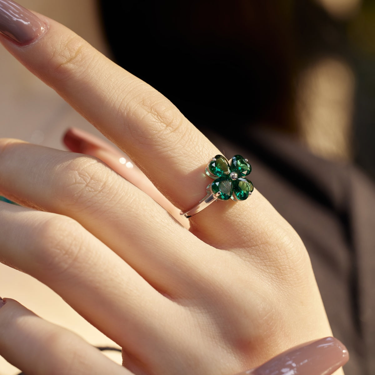 Angela Jewelry]Heart-shaped Four-Leaf Clover Ball Ring