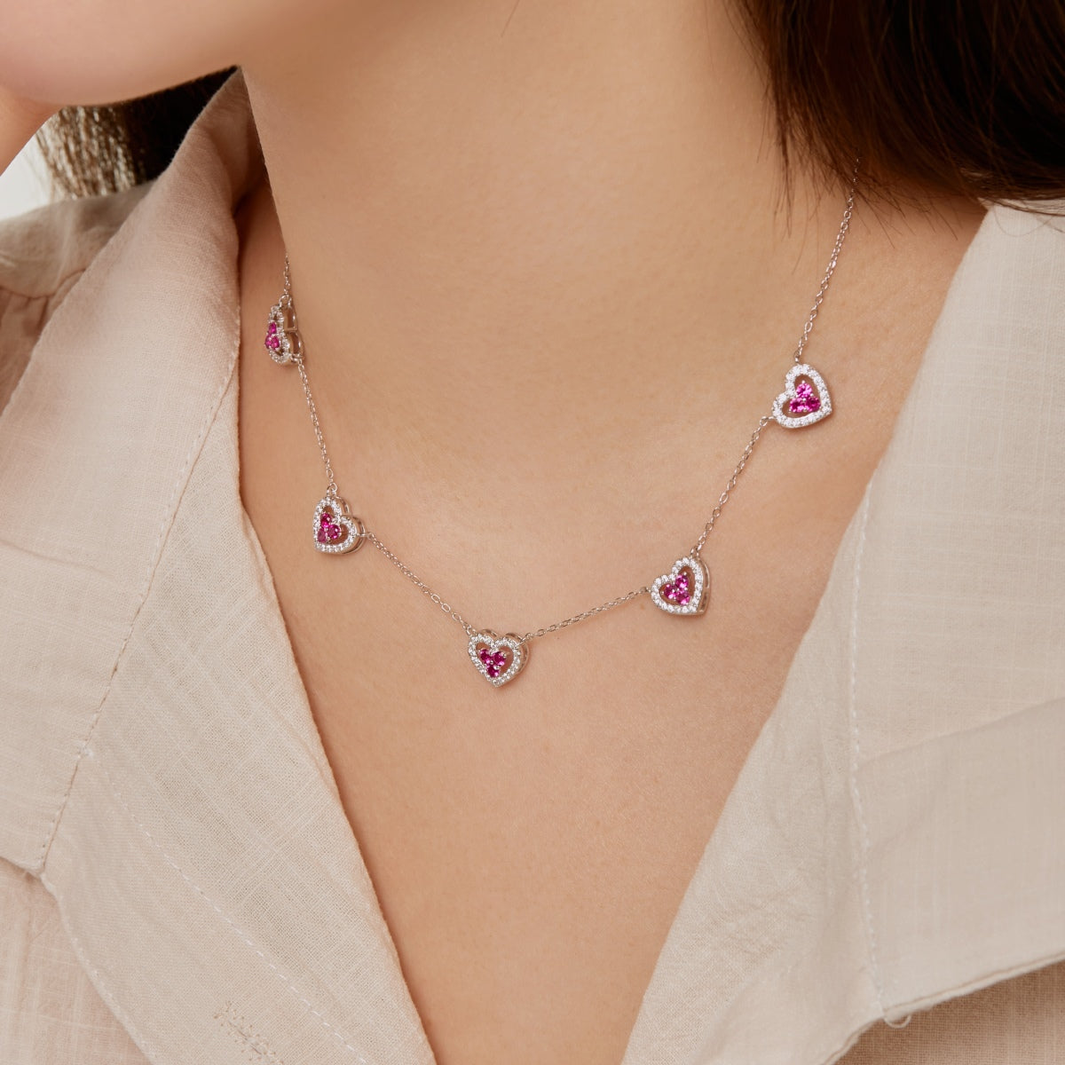 Angela Jewelry]Sparkling Five Heart Necklace
