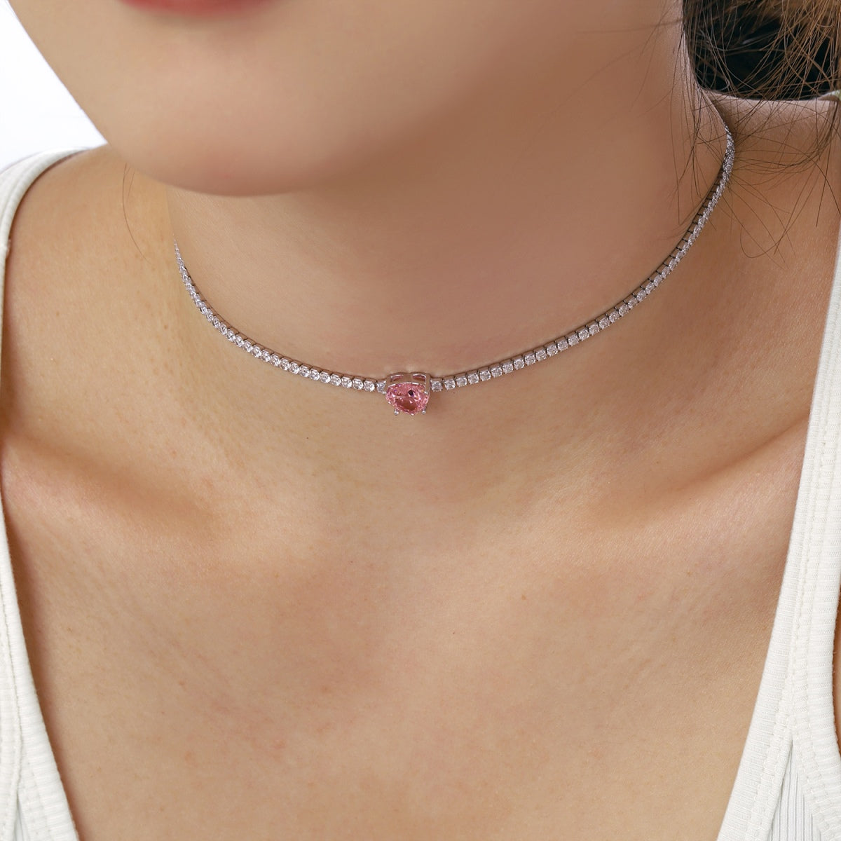 Angela Jewelry]2.0 Carat Sparkling Tennis Heart Cut Necklace