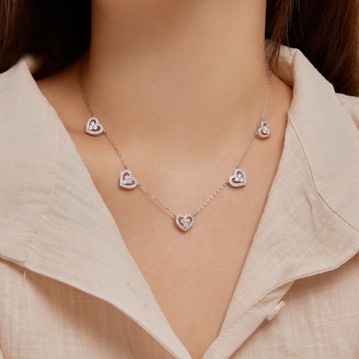 Angela Jewelry]Sparkling Five Heart Necklace