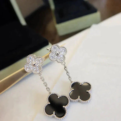 [Angela Jewellery]CLOVER 2 MOTIFS  DIAMOND ONYX EARRINGS SILVER