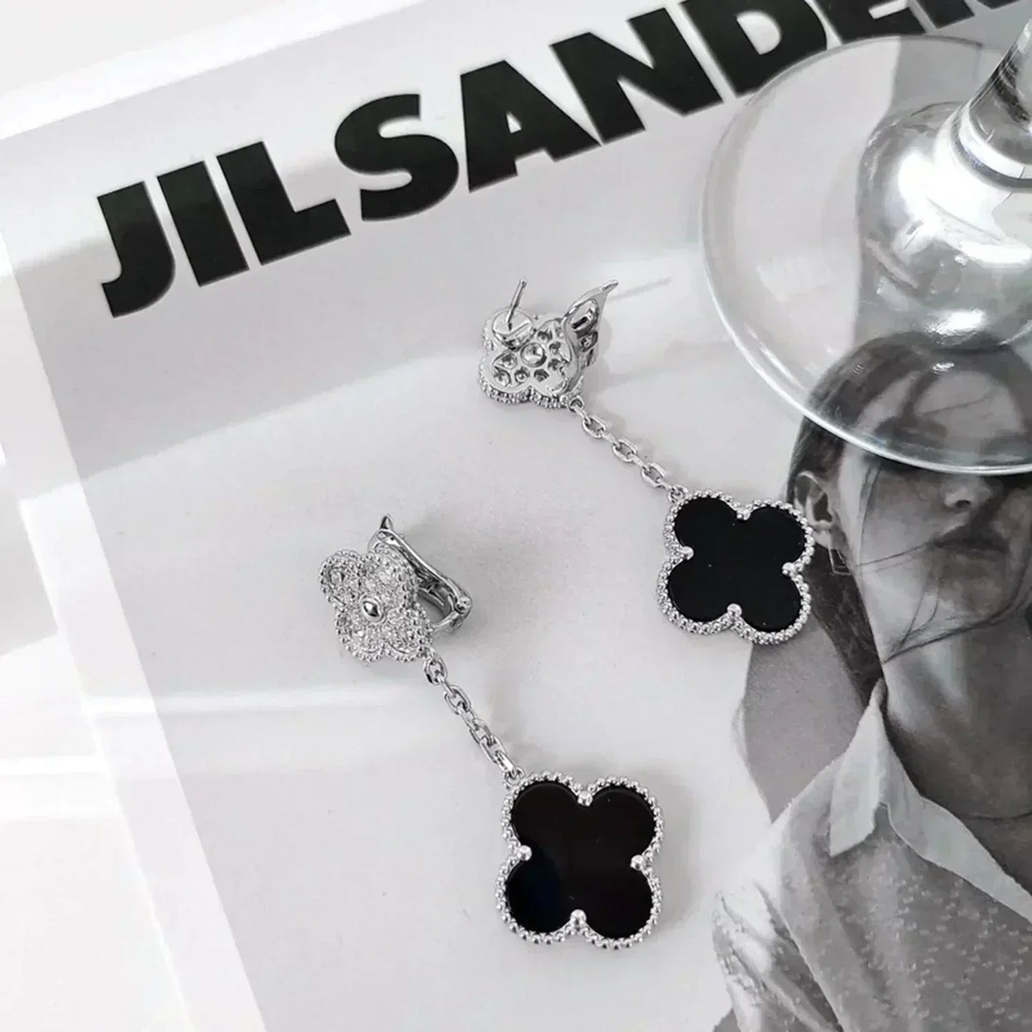 [Angela Jewellery]CLOVER 2 MOTIFS  DIAMOND ONYX EARRINGS SILVER