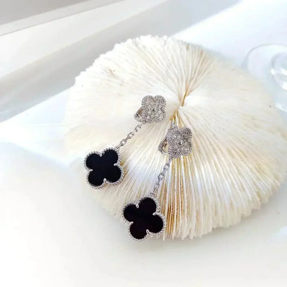 [Angela Jewellery]CLOVER 2 MOTIFS  DIAMOND ONYX EARRINGS SILVER