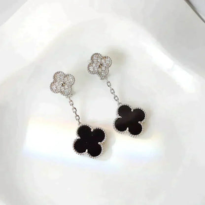 [Angela Jewellery]CLOVER 2 MOTIFS  DIAMOND ONYX EARRINGS SILVER