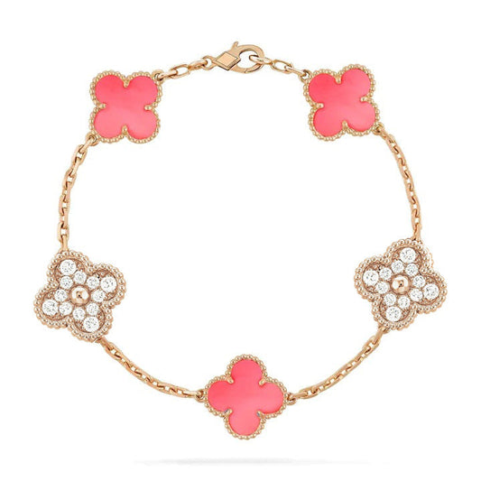 [Angela Jewellery]CLOVER 5 MOTIF DIAMOND PINK MOP PINK GOLD BRACELET