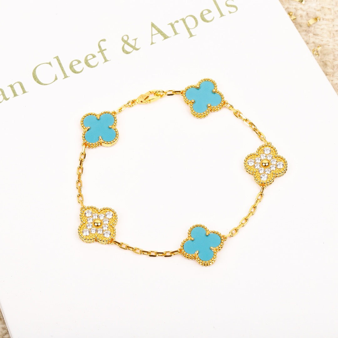 [Angela Jewellery]CLOVER 5 MOTIF TURQUOISE DIAMOND GOLD BRACELET