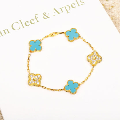 [Angela Jewellery]CLOVER 5 MOTIF TURQUOISE DIAMOND GOLD BRACELET