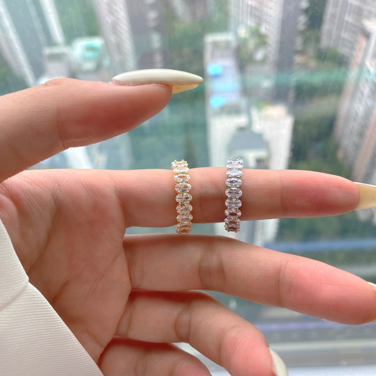 Angela Jewelry]Ornate Oval Cut Tennis Ring