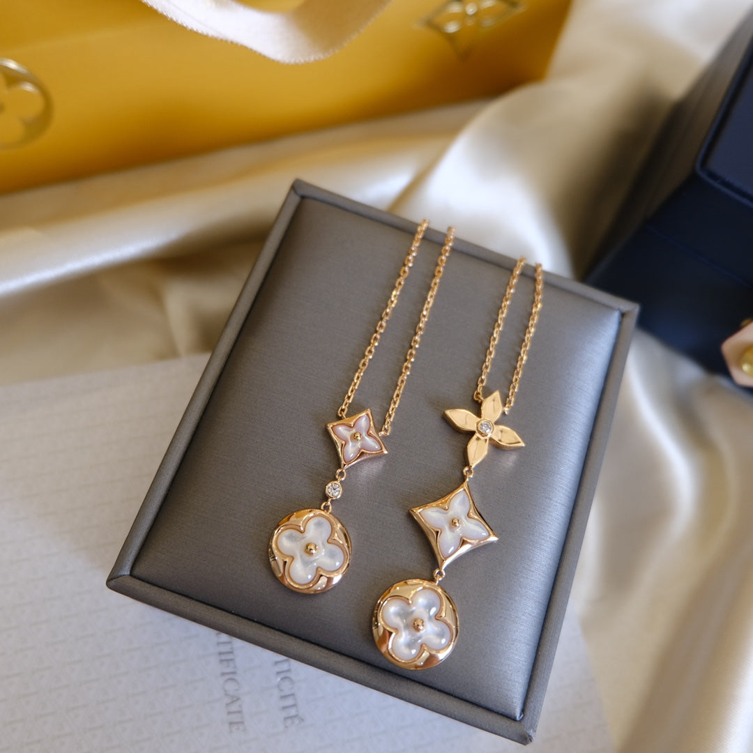 [Angela Jewellery]COLOR BLOSSOM LARIAT NECKLACE PINK GOLD WHITE MOTHER PEARL AND DIAMOND