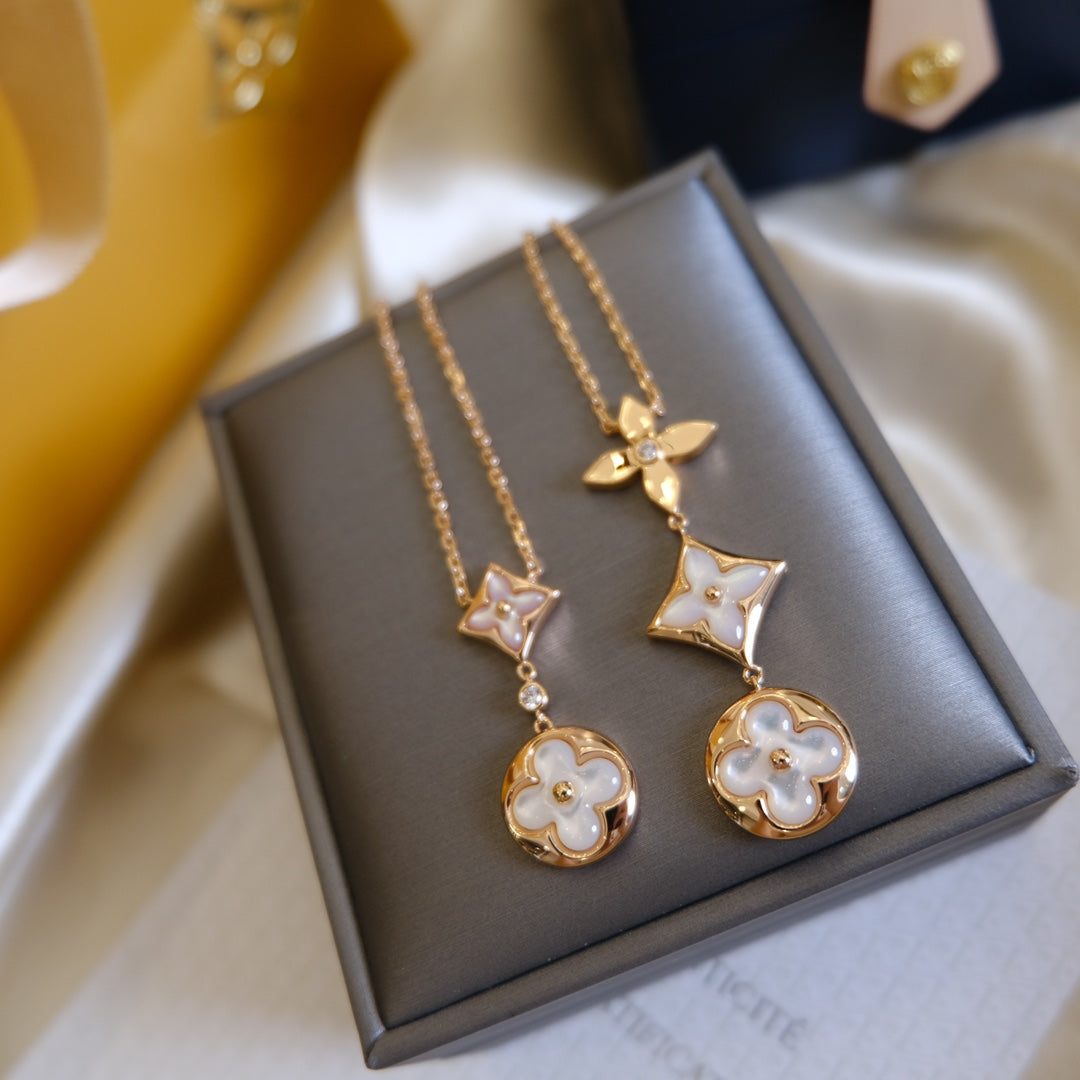 [Angela Jewellery]COLOR BLOSSOM LARIAT NECKLACE PINK GOLD WHITE MOTHER PEARL AND DIAMOND