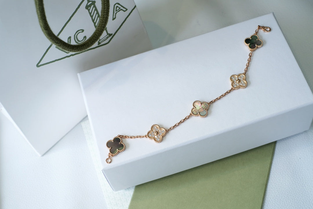 [Angela Jewellery]CLOVER 5 MOTIFS DARK MOP AND DIAMONDS PINK GOLD BRACELET
